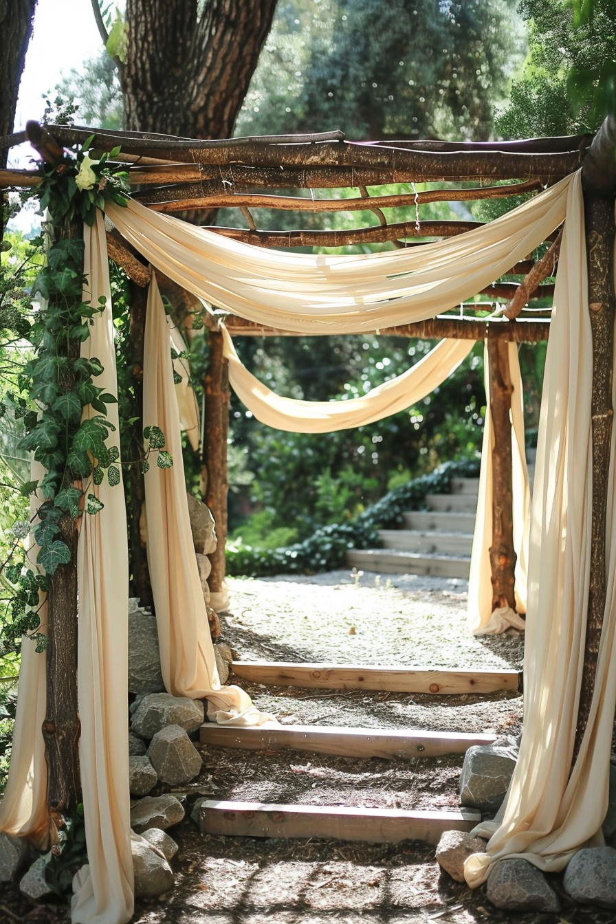 An outdoor wedding arch decorated with cream drapery and greenery in a wooded area, with steps leading up to it.