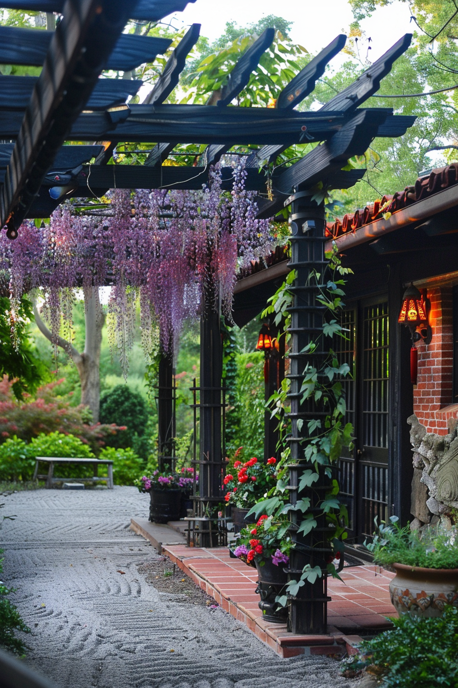 A tranquil garden pathway with wisteria hanging from a pergola, leading to a house with vibrant flowers and foliage.