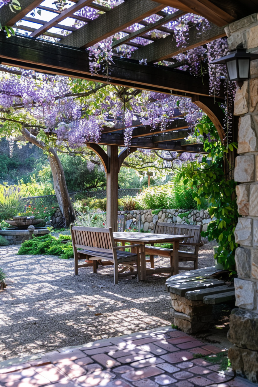 A serene garden patio with wooden benches under a pergola adorned with blooming wisteria, casting dappled shadows on a brick path.