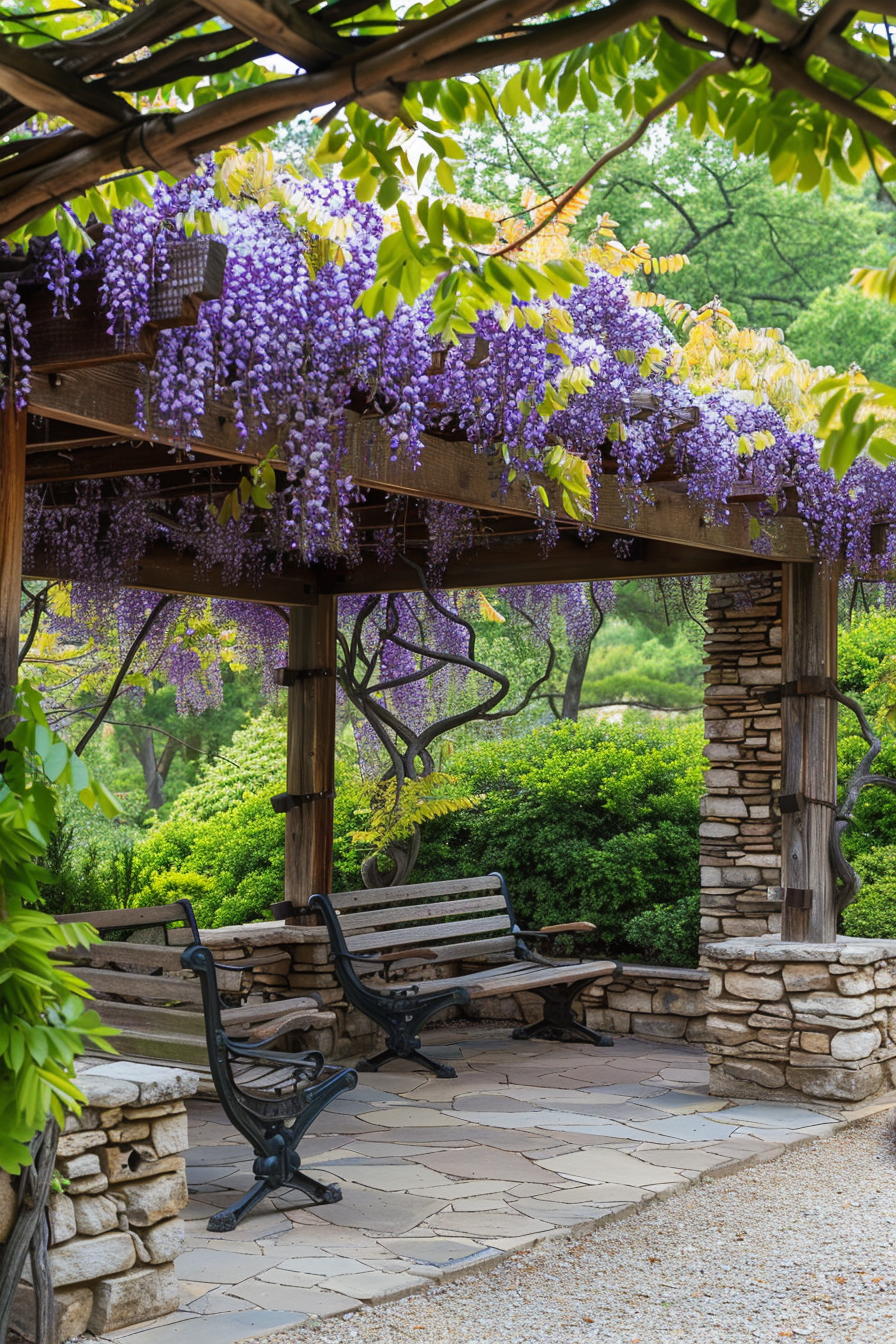 Two park benches under a wooden pergola draped with purple wisteria blooms, surrounded by lush greenery.