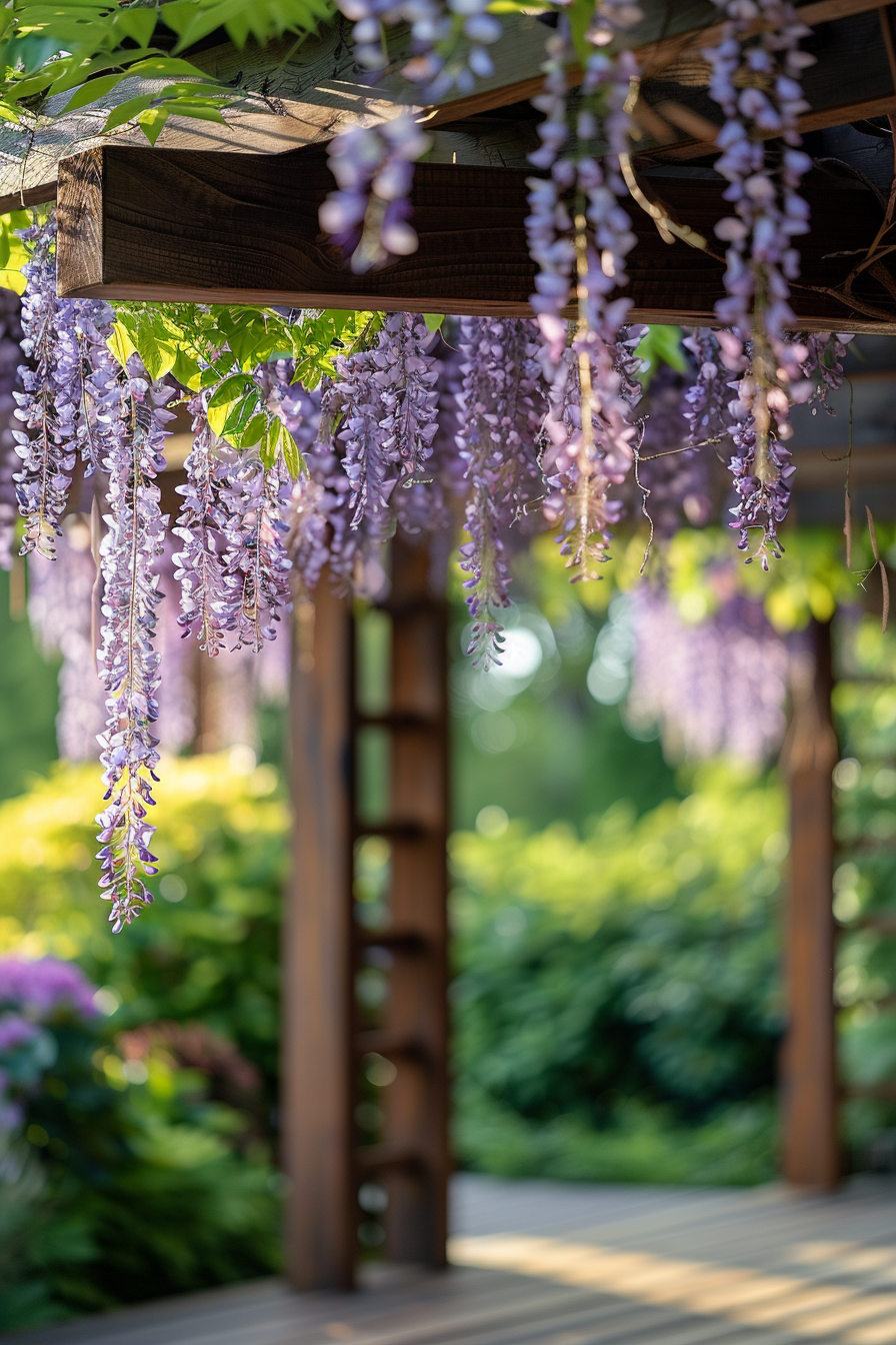 A serene garden pergola with cascading purple wisteria flowers bathed in warm, soft sunlight.