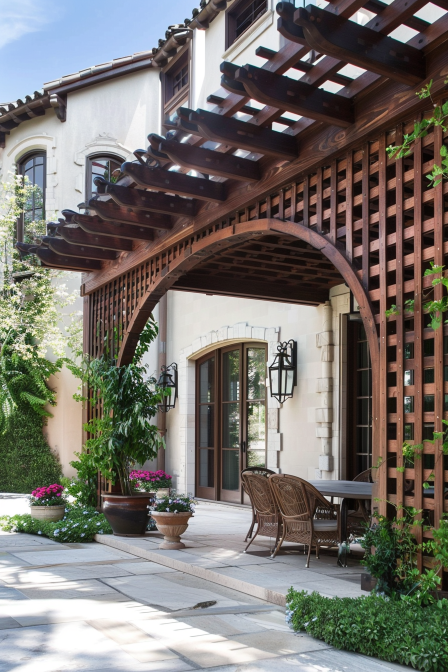 Elegant patio area with wicker furniture under a wooden arbor, next to a house with stucco walls and arched doorways.