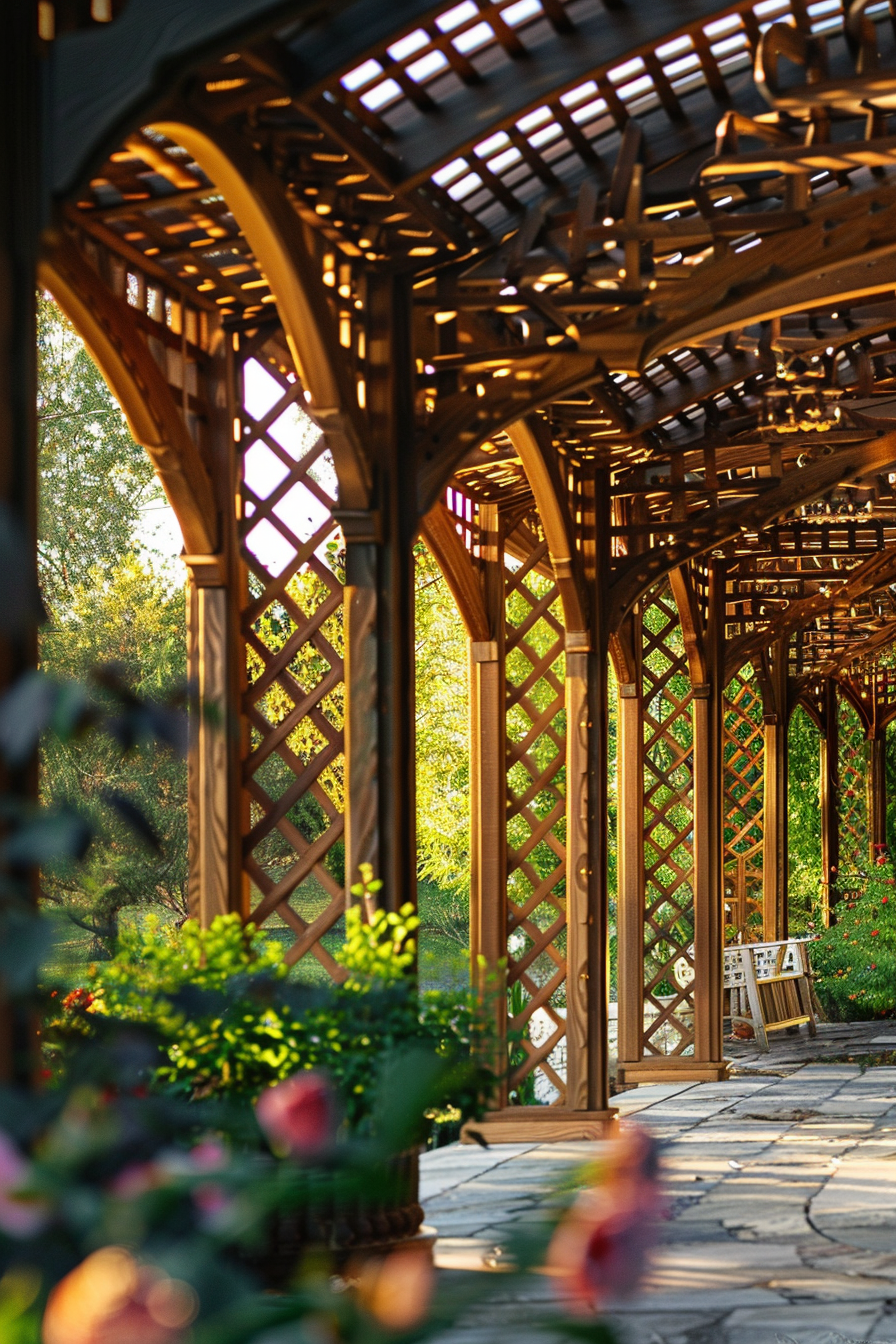 A wooden pergola with intricate lattice work, surrounded by greenery and flowers, bathed in warm sunlight.