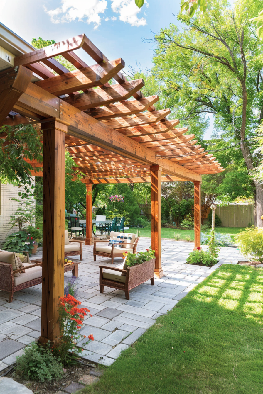 A sunlit backyard patio with a wooden pergola, outdoor furniture, green lawn, and vibrant gardens on a clear day.