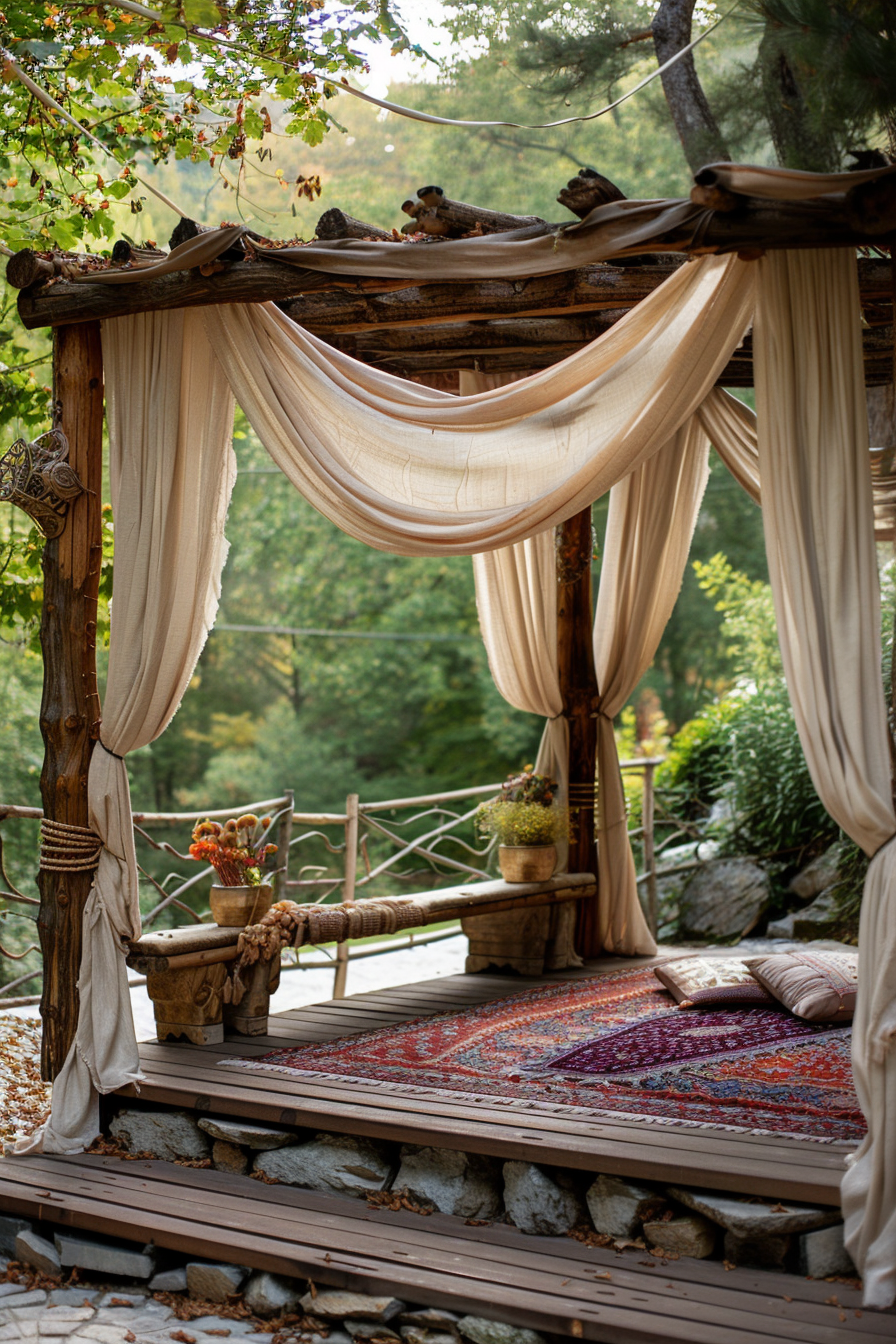 ALT: An outdoor wooden canopy with draping beige curtains above a deck adorned with oriental rugs and decorative plants in a forest setting.