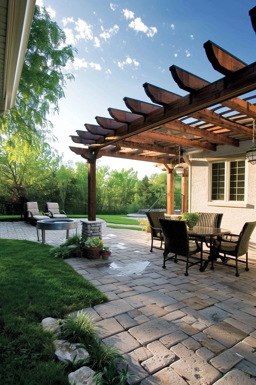 ALT: An elegantly designed outdoor patio with a dining set, paved stone flooring, and a wooden pergola in a lush green garden setting.