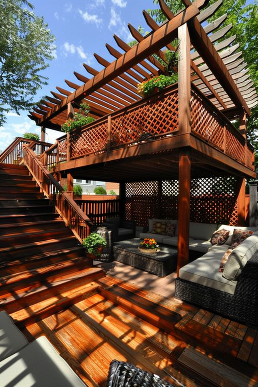 ALT: A multi-level wooden deck with pergola, outdoor furniture, and stairs, surrounded by lush greenery under a sunny sky.