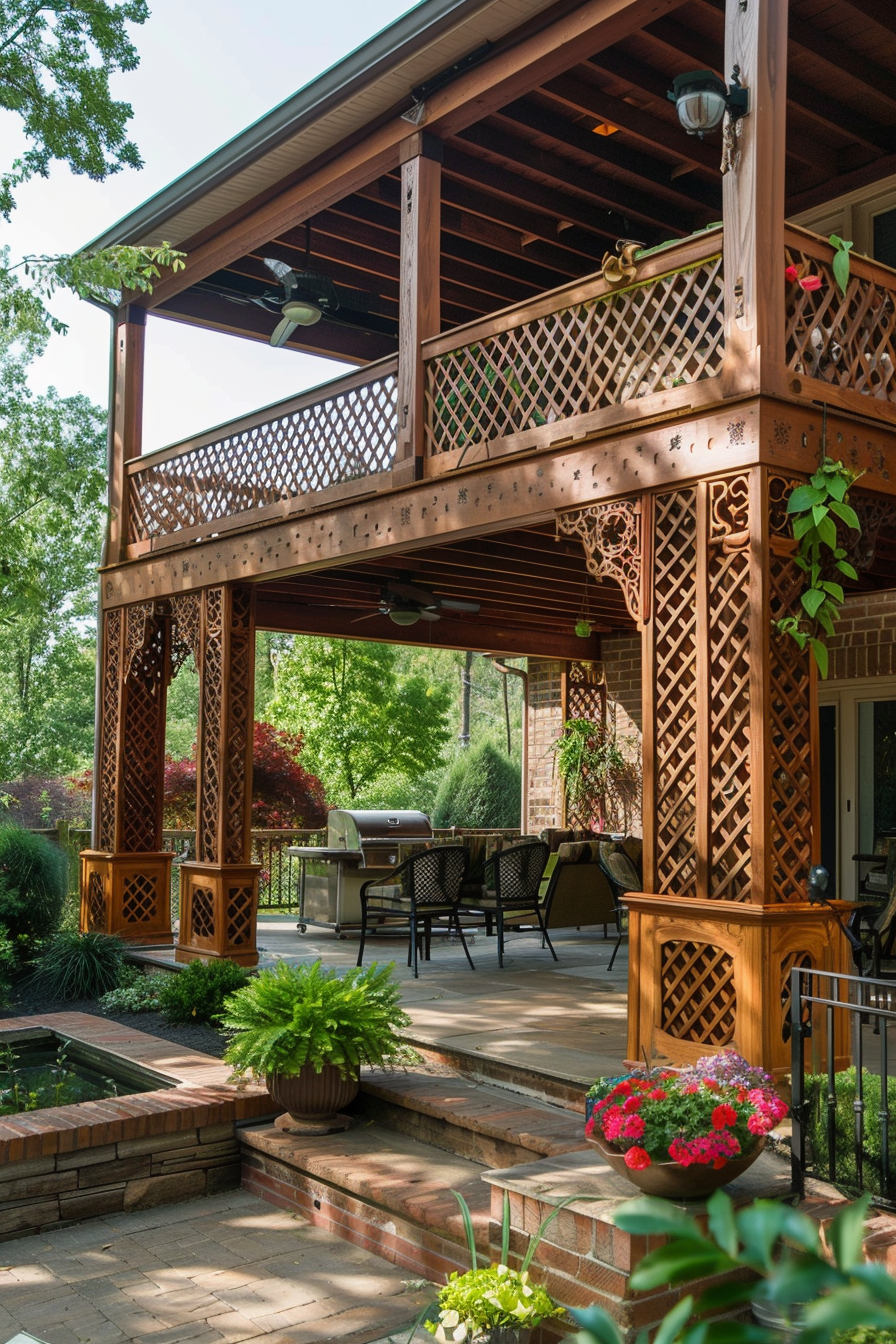 Elegant wooden pergola with decorative lattice over a patio with dining set, barbeque, and surrounded by lush greenery and flowers.
