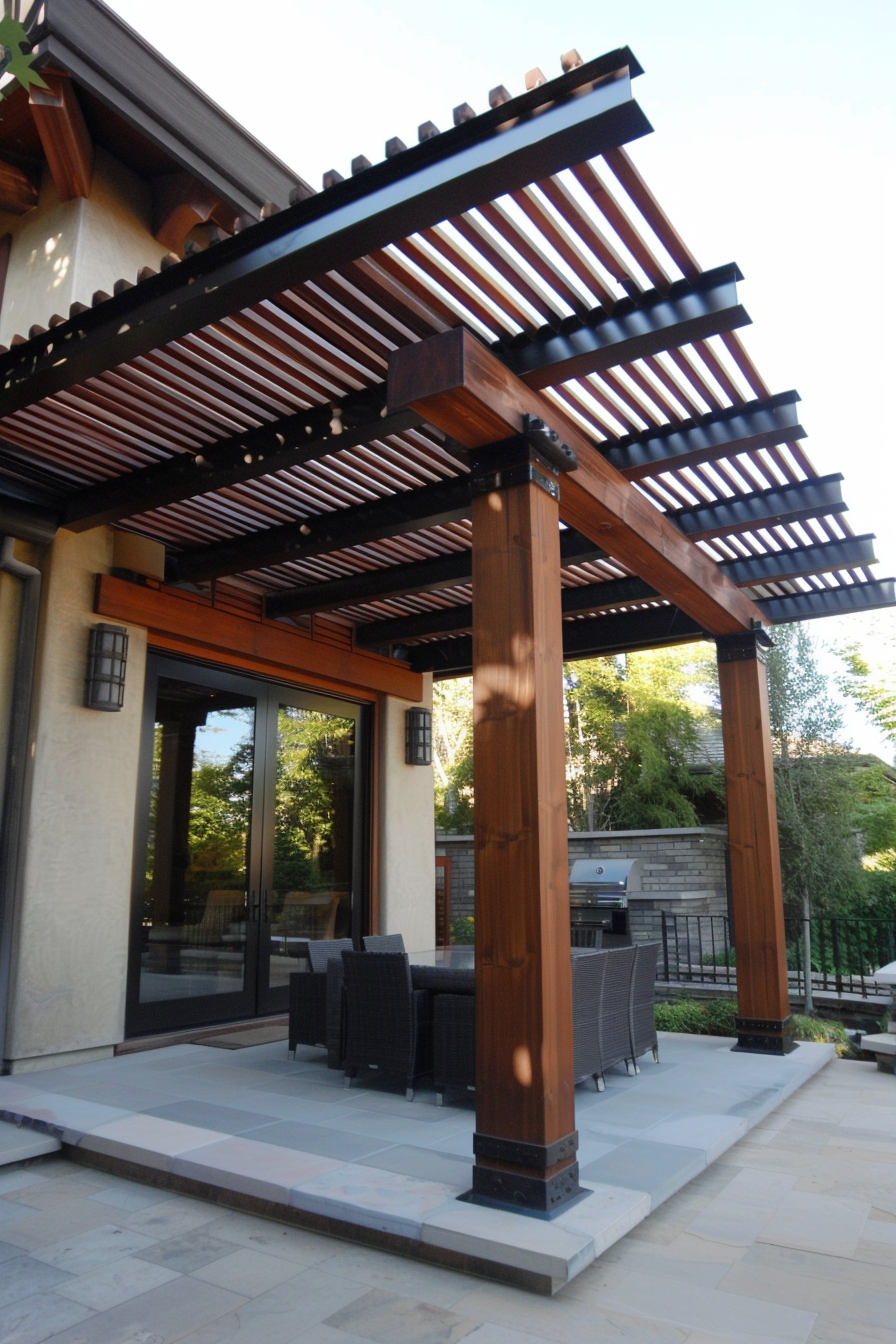 Elegant outdoor patio area with wooden pergola, outdoor furniture, and sliding glass doors leading to the interior.
