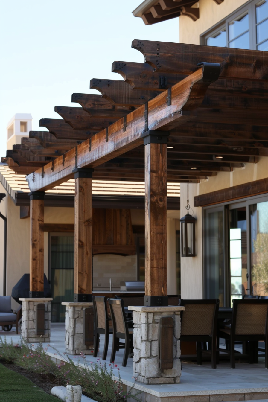 Wooden pergola with stone pillars on a house patio with outdoor furniture in the background.