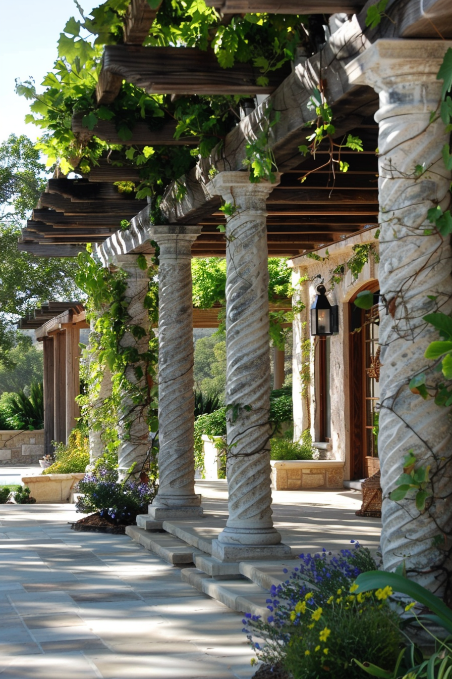Stone column pergola adorned with climbing plants leading to a house entrance.