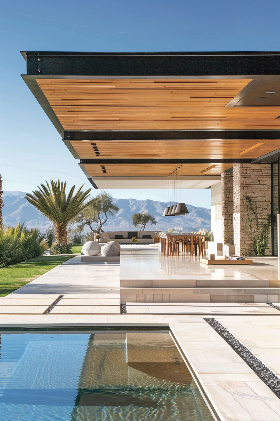 Luxury outdoor living space with pool, lounge chairs, and dining area overlooking majestic mountains.