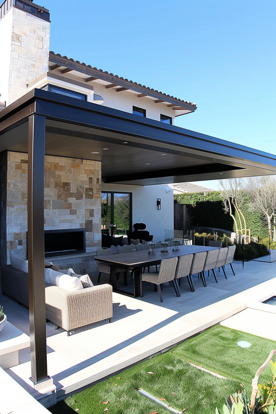 Outdoor patio area with a retractable awning, a dining set, and a lounge with a fireplace under a modern house.