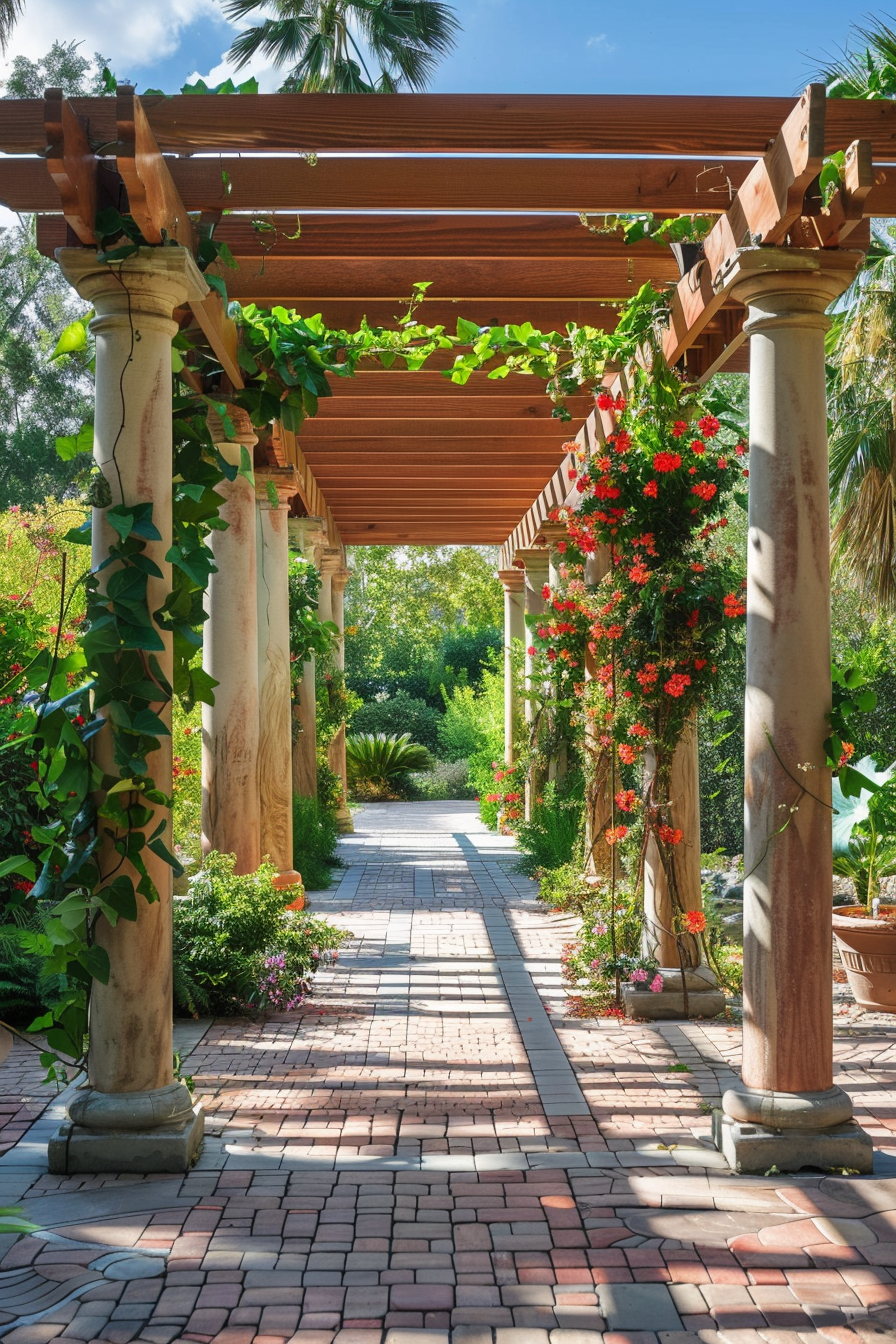 A serene garden path with a wooden pergola adorned with climbing green vines and vibrant red flowers, flanked by classic pillars and plants.