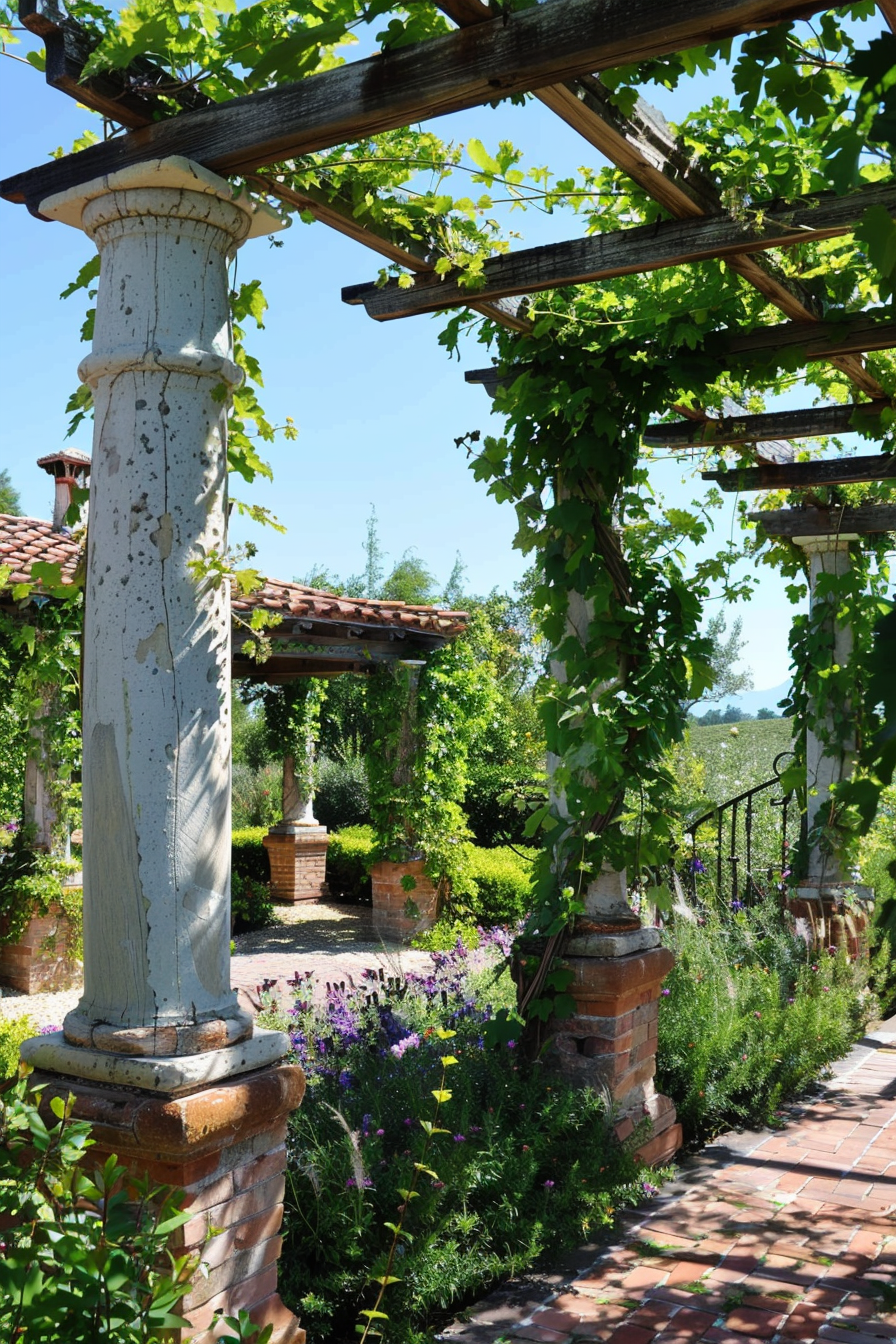 A serene garden pathway with a pergola covered in green vines, flanked by flowering plants and brick columns under a sunny blue sky.