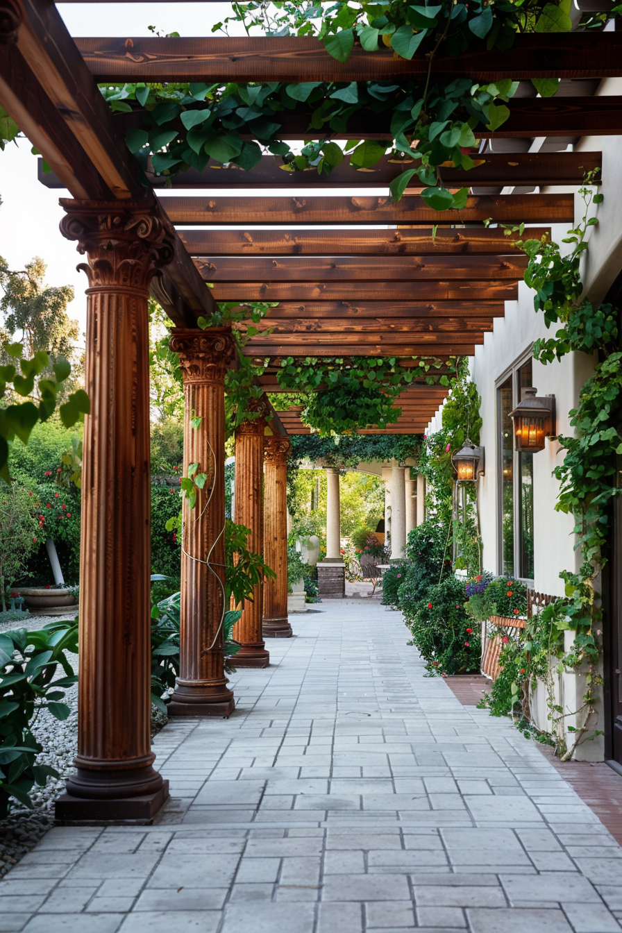 Elegant outdoor corridor with ornate wooden pergola, lush greenery, and classic lanterns along a paved walkway.
