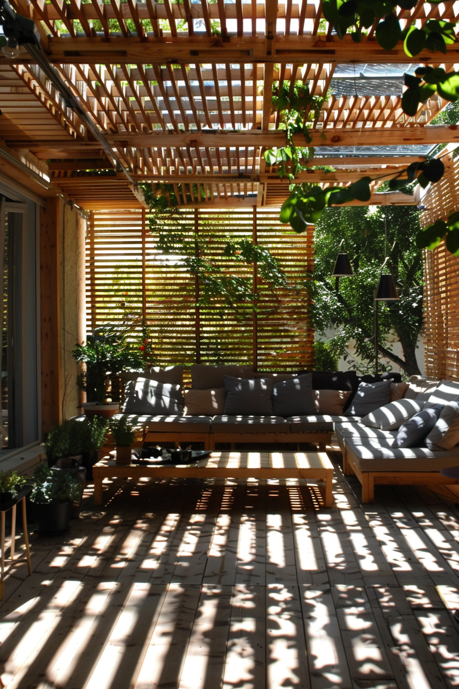 A cozy sunlit patio with a wooden pergola, striped cushions on a couch, potted plants, and patterned shadows cast on the floor.
