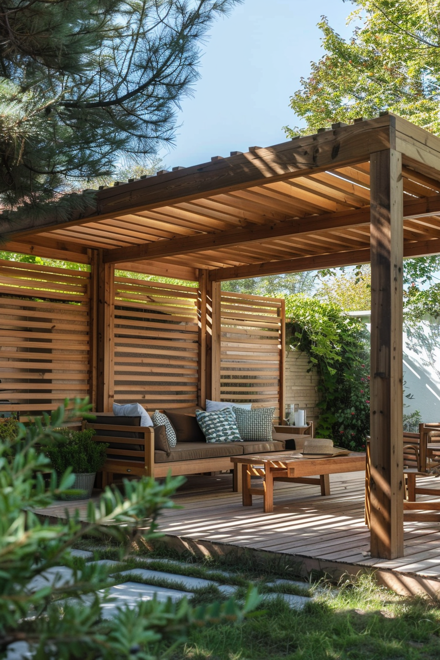 A cozy wooden outdoor pergola with comfortable seating surrounded by green plants on a sunny day.