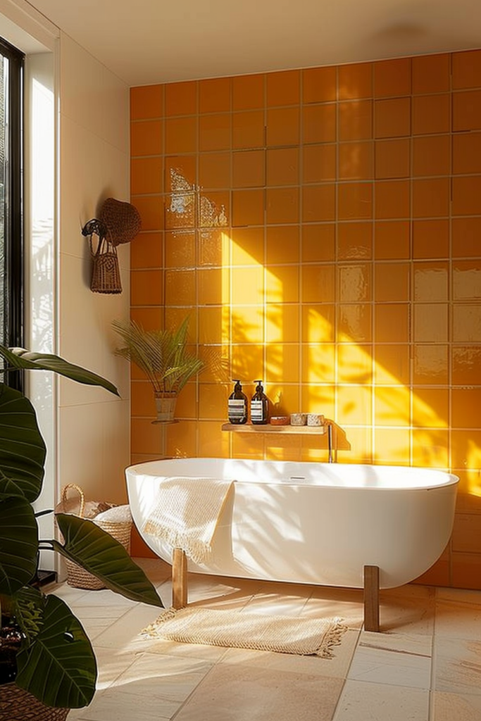 A serene bathroom with a white freestanding bathtub, orange tiles, natural light, plants, and spa-like decor.