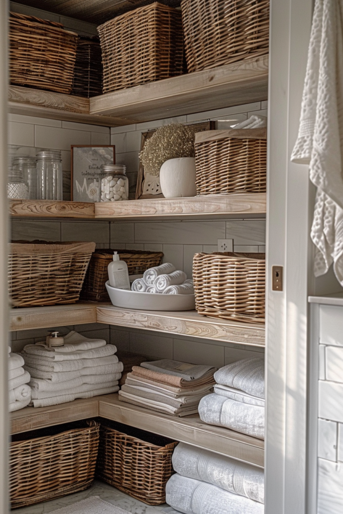 Well-organized linen closet with wooden shelves storing towels, wicker baskets, jars, and decorative items.