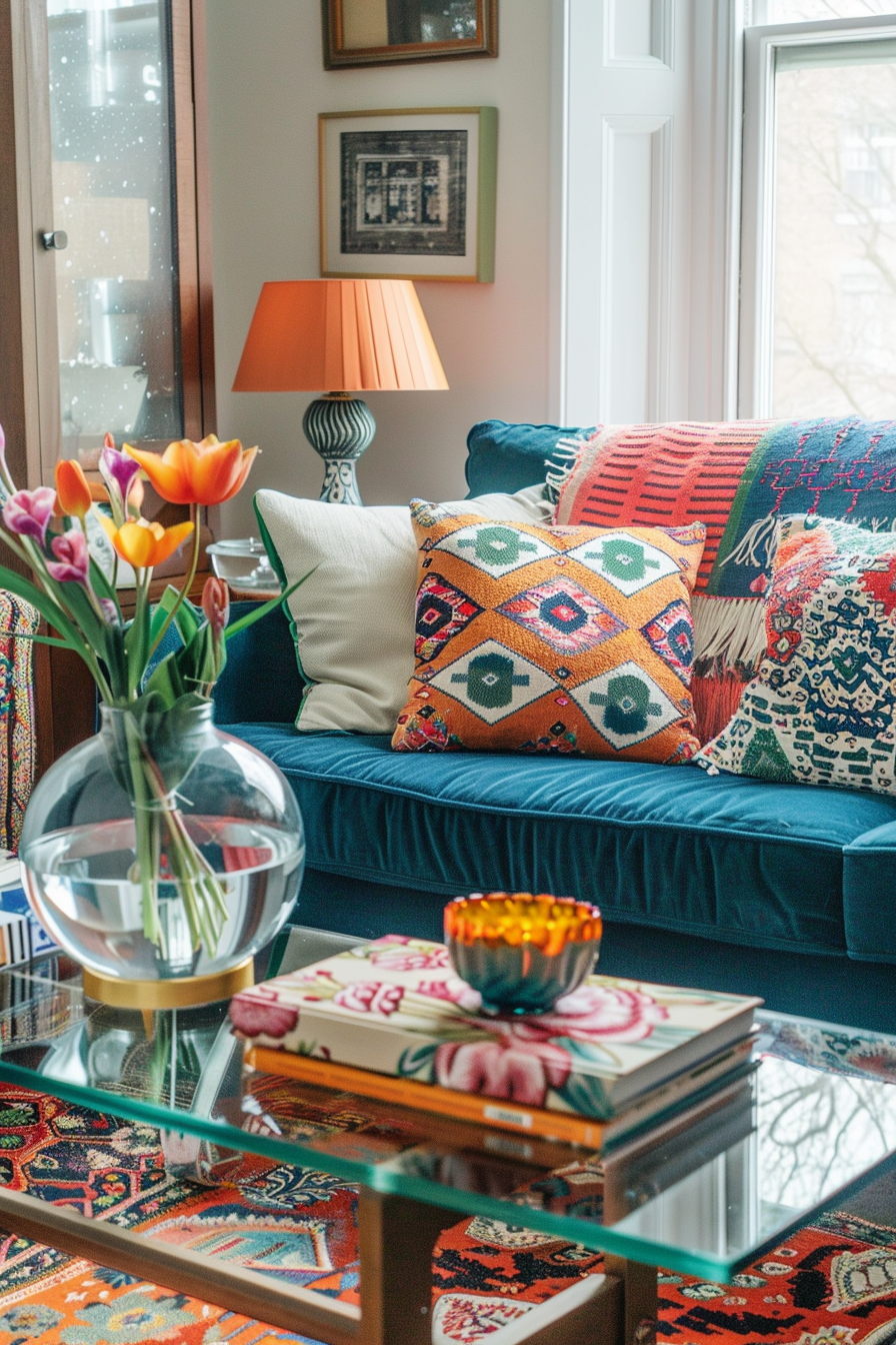 Cozy living room corner with colorful cushions on a blue sofa, a glass coffee table with books, tulips in a vase, and a patterned rug.