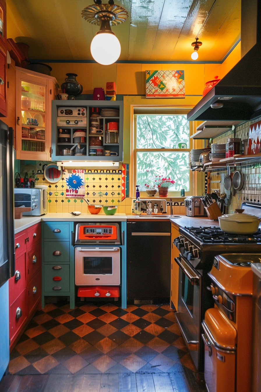 Colorful retro-style kitchen interior with checkered floor, vintage appliances, and bright cabinetry.