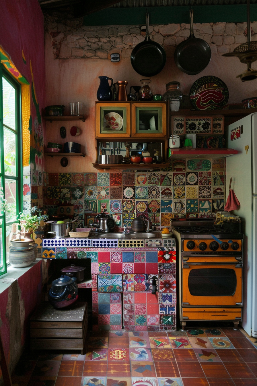 A colorful, eclectic kitchen with patterned tiles, vintage orange stove, and various pots and kitchenware on shelves.