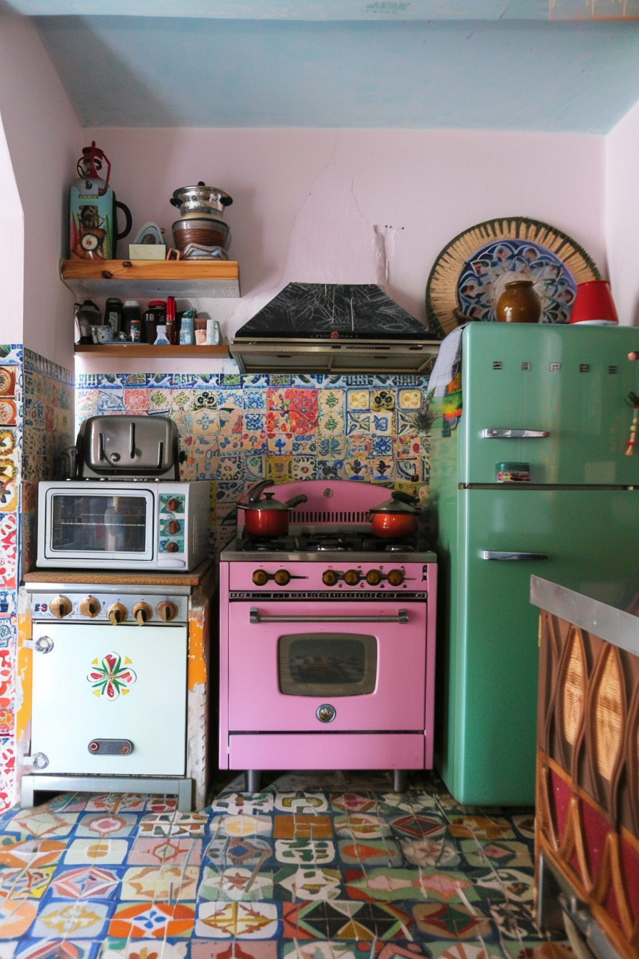 Colorful vintage kitchen with patterned tiles, pink stove, toaster oven, and mint green fridge. Decor includes eclectic shelf items.