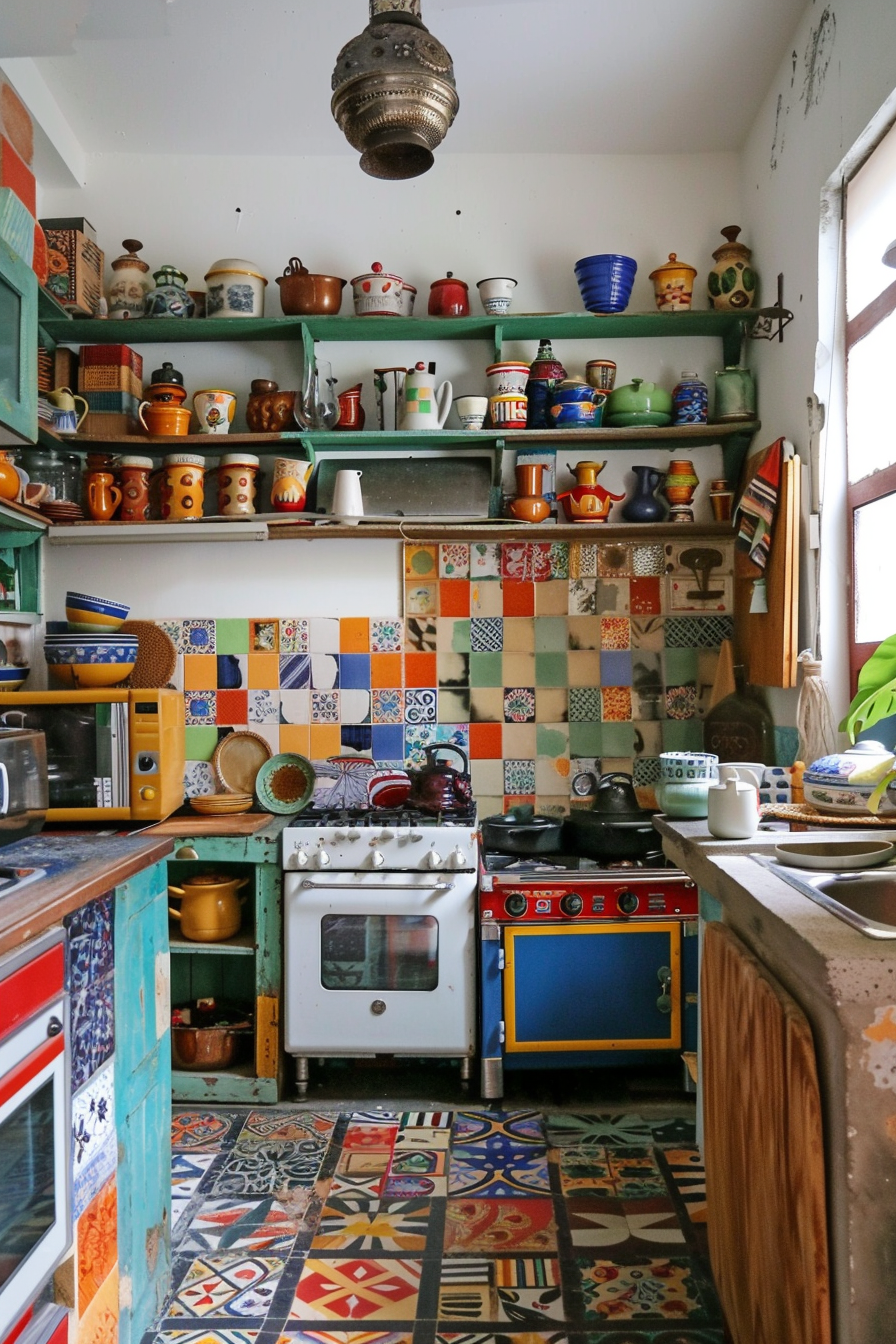 A colorful and eclectic kitchen with patterned tiles, vintage appliances, and an array of pottery on shelves.