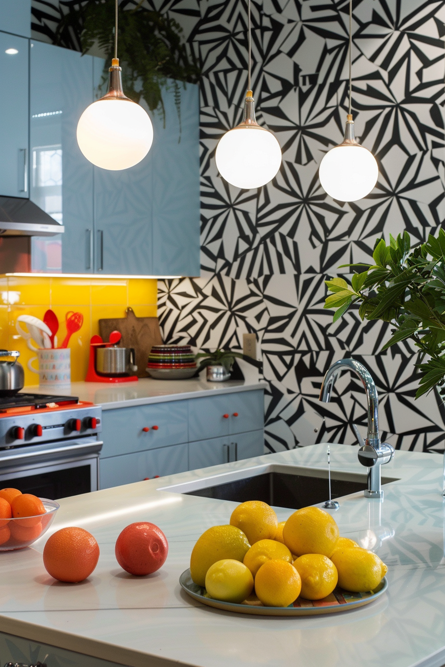 Modern kitchen interior with geometric wallpaper, blue cabinets, pendant lights, and a bowl of citrus fruit on the island counter.