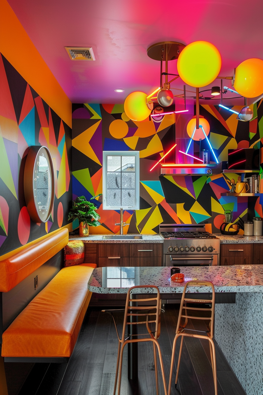 A vibrant kitchen with colorful geometric wall patterns, neon lights, a terrazzo counter, and modern copper-toned stools.