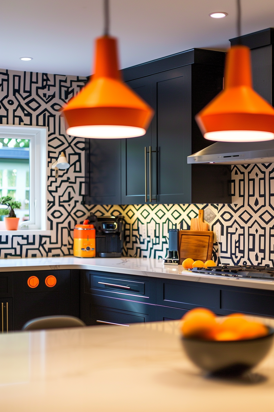 ALT text: Modern kitchen interior with geometric-patterned backsplash, navy cabinets, and vibrant orange accents from pendant lights and decor.