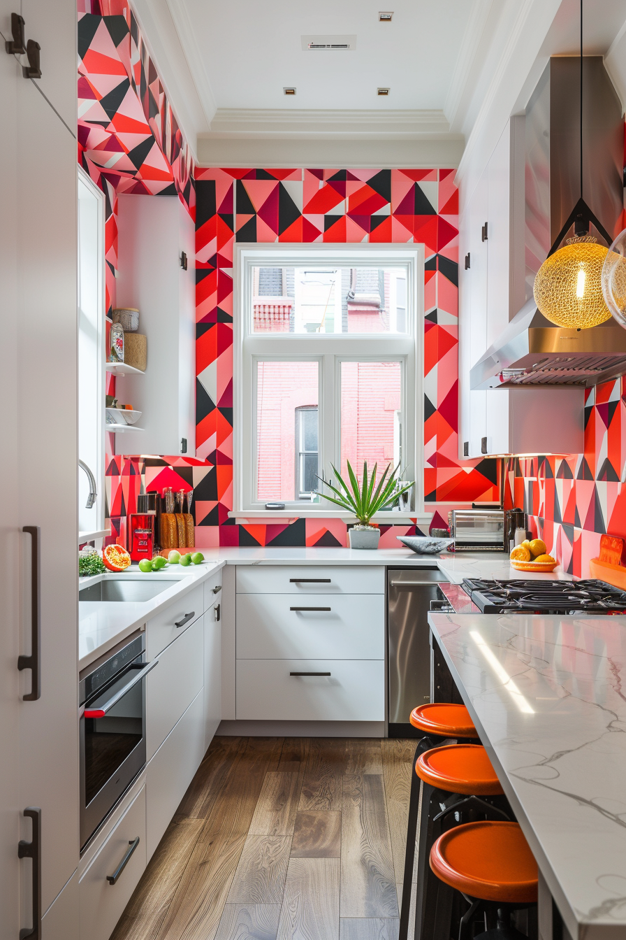 Modern kitchen interior with vibrant red geometric wallpaper, white cabinets, marble countertop, and wooden floor.