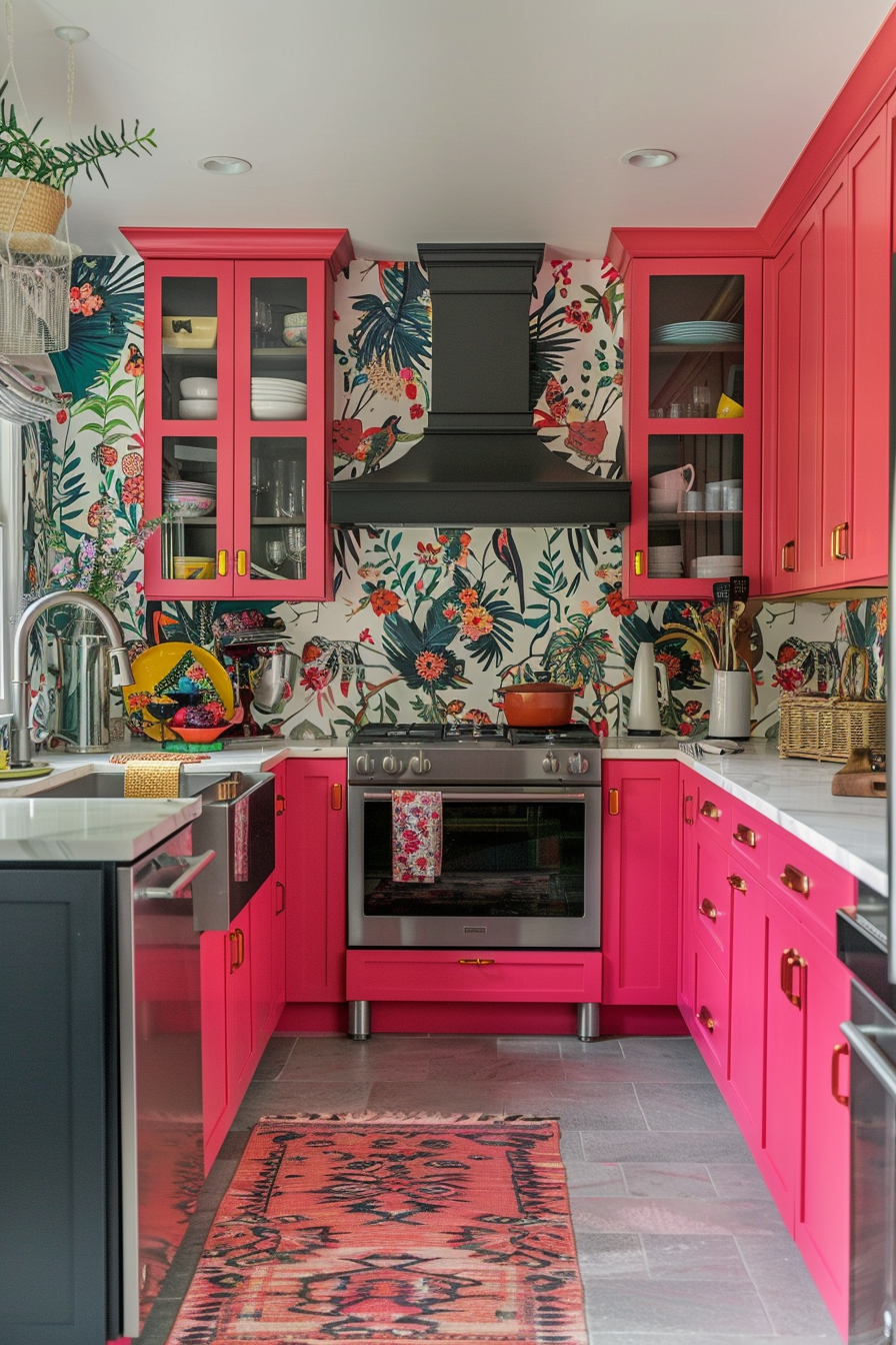 A vibrant kitchen with bright pink cabinets, floral wallpaper, stainless steel appliances, and a patterned pink rug.