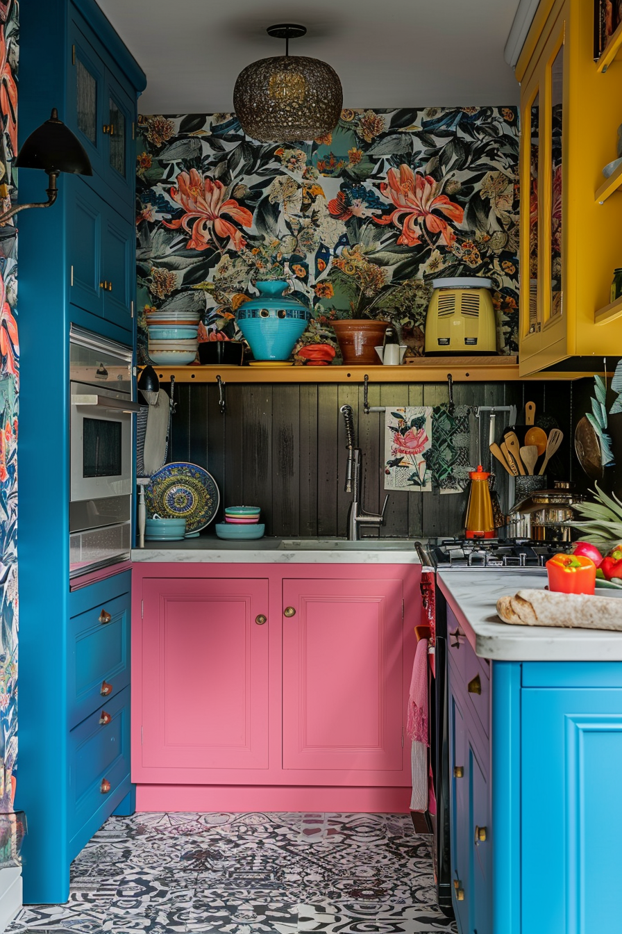 A vibrant kitchen with pink cabinets, blue cupboards, a floral wallpaper, and patterned floor tiles.