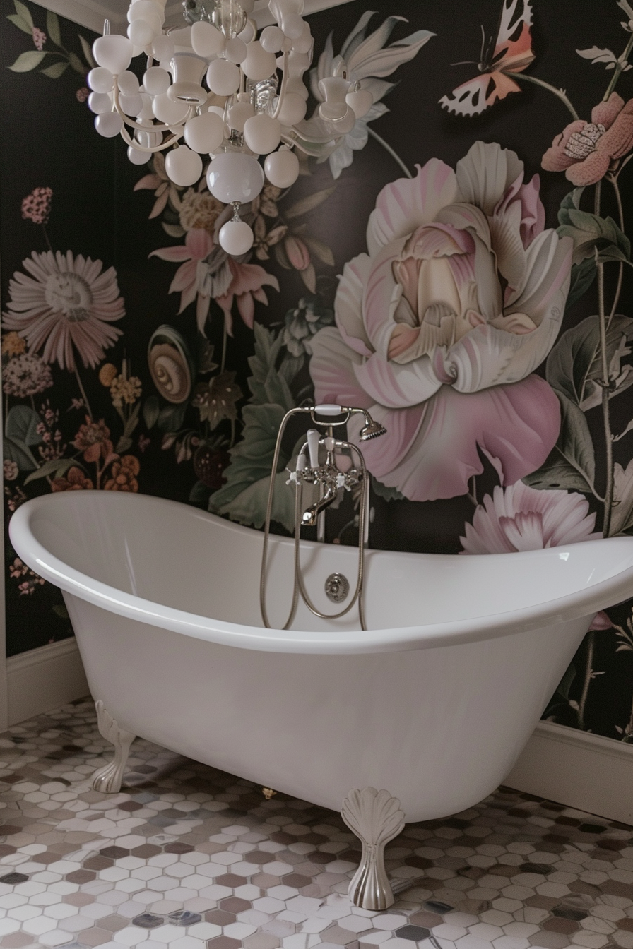 Elegant freestanding bathtub with ornate claw feet, adorned by a floral wallpaper and a chic white chandelier, set on a mosaic tiled floor.