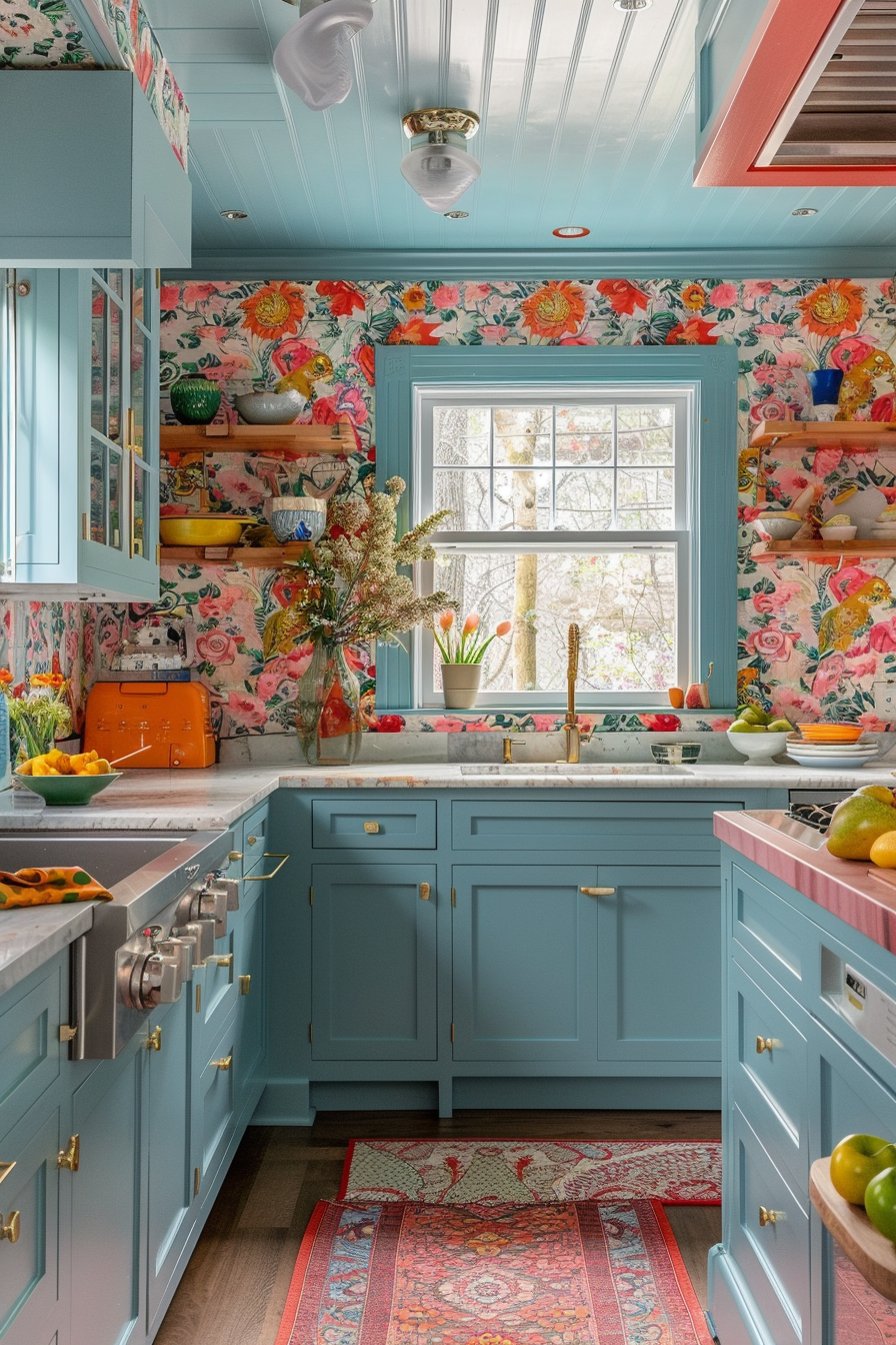 A vibrant kitchen with blue cabinets, floral wallpaper, a window, and colorful décor accents.
