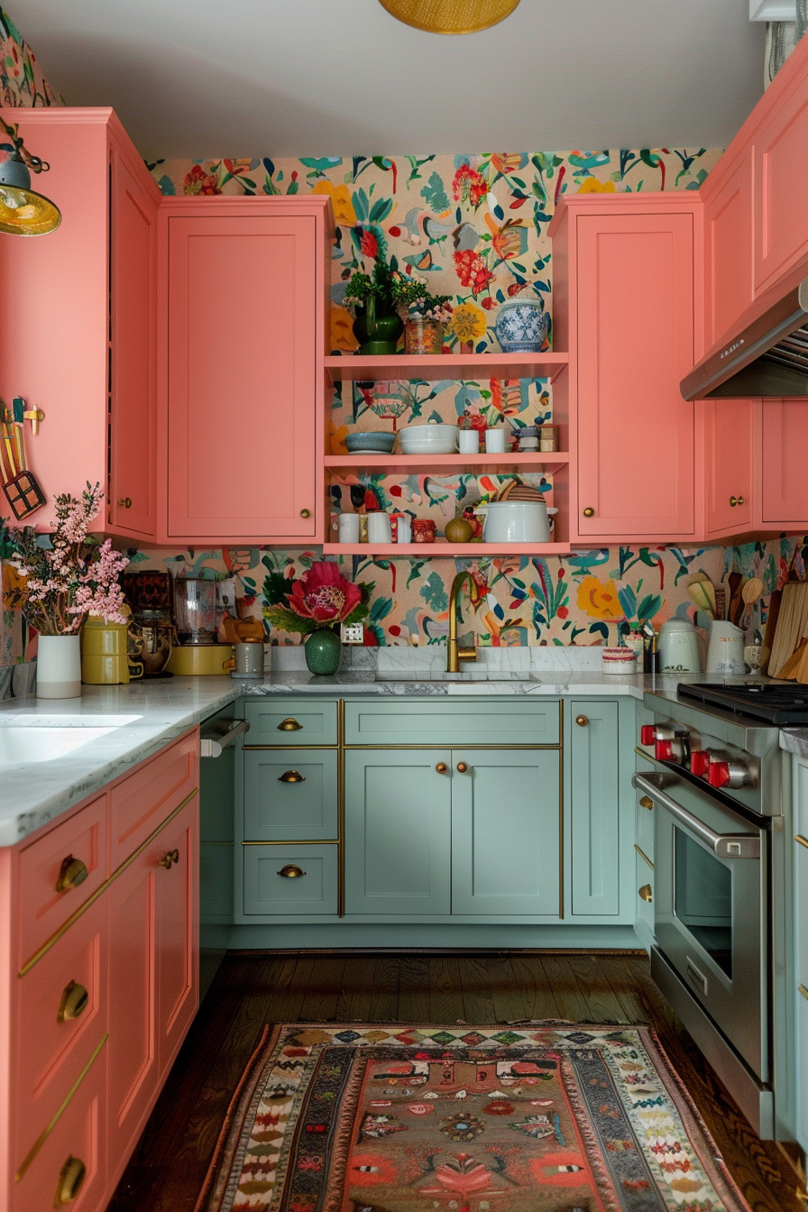 A colorful kitchen interior with pink cabinets, floral wallpaper, green lower cabinets, and an ornate rug.