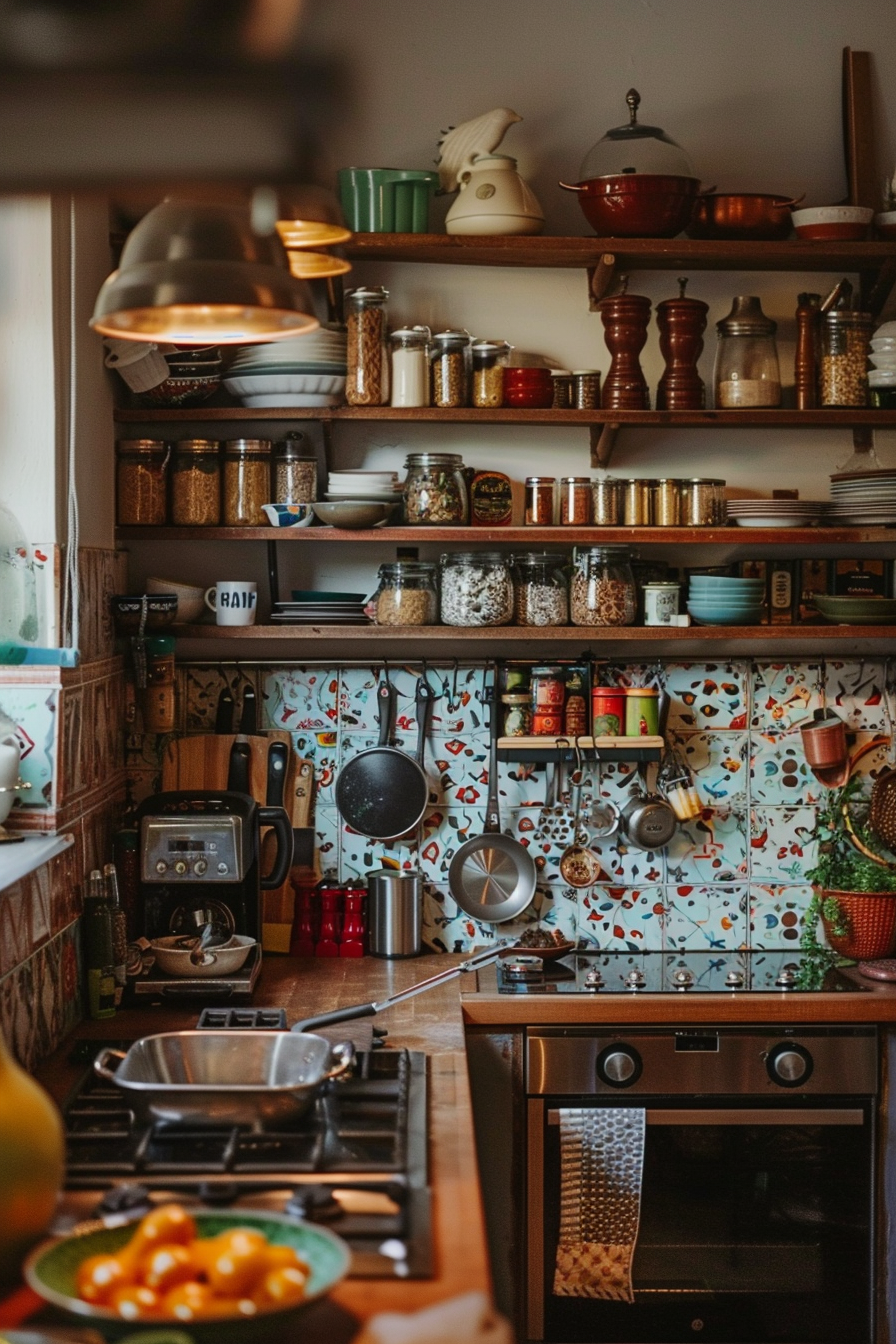 Cozy kitchen interior with open shelving filled with jars, utensils, and cookware, and a colorful backsplash.