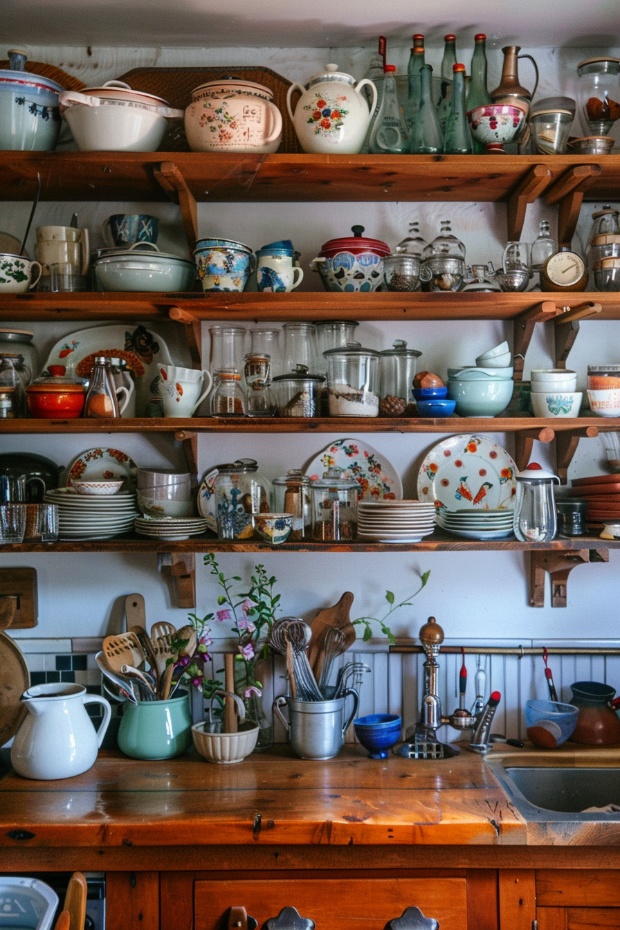 A cozy kitchen with wooden shelves filled with a variety of dishes, utensils, jars, and vintage cookware.