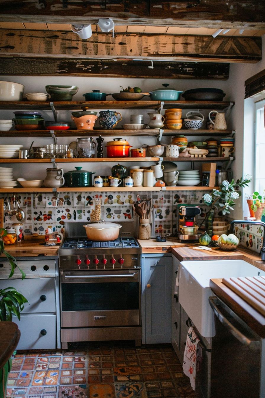 Cozy, eclectic kitchen with open shelving displaying assorted pottery and cookware, patterned backsplash, and vintage-style flooring.