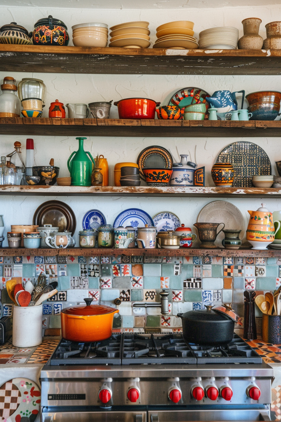 A colorful kitchen with patterned tile backsplash, shelves of eclectic dishware, and cookware on a gas stove.