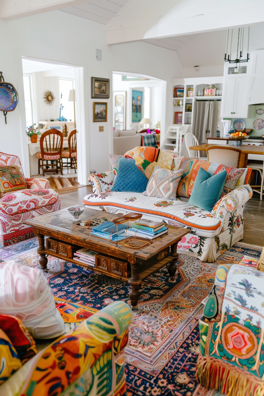 Colorful bohemian-style living room with patterned furniture and rugs, wooden coffee table, and decorative pillows.