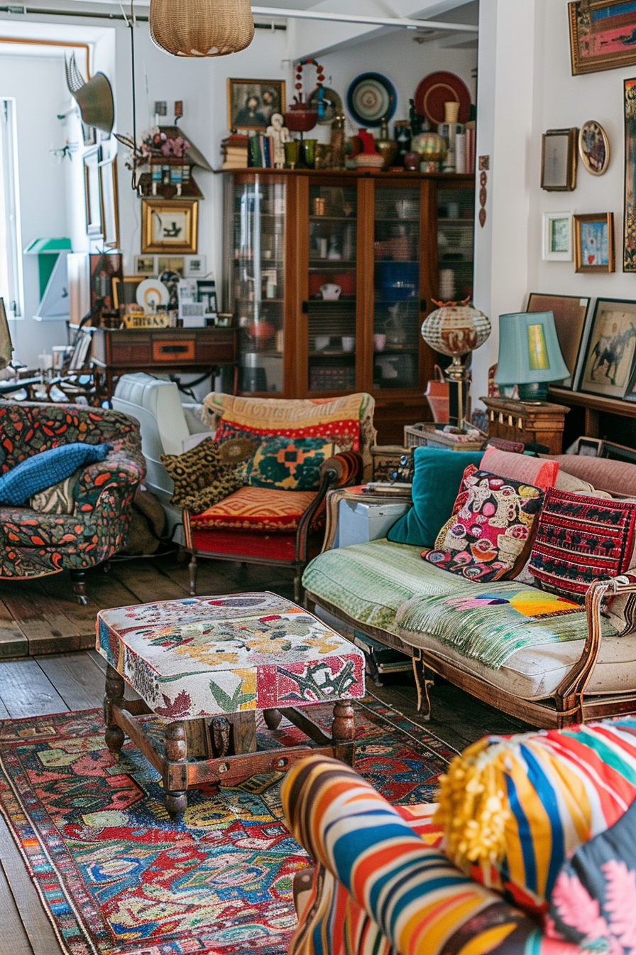 Cozy eclectic living room filled with colorful textiles, vintage furniture, and diverse decorations.