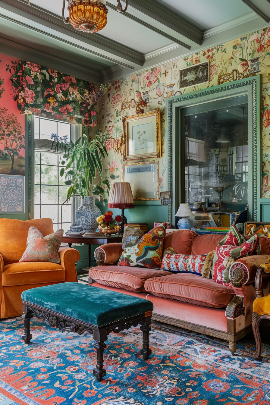 Colorful, eclectic living room with floral wallpaper, antique furniture, vibrant rugs, and decorative pillows.