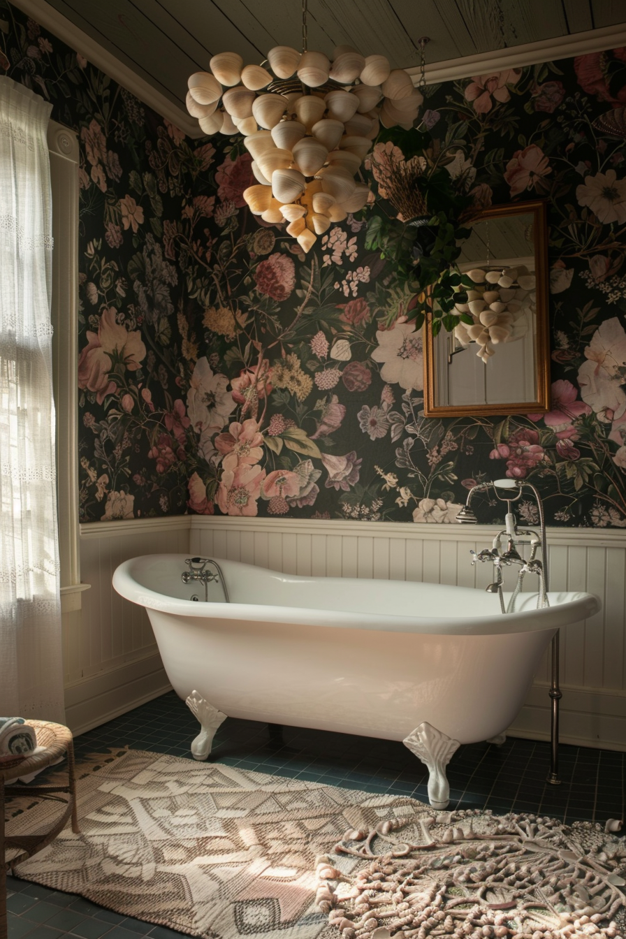 Elegant vintage-style bathroom with claw-foot tub, floral wallpaper, unique shell chandelier, and decorative rug.