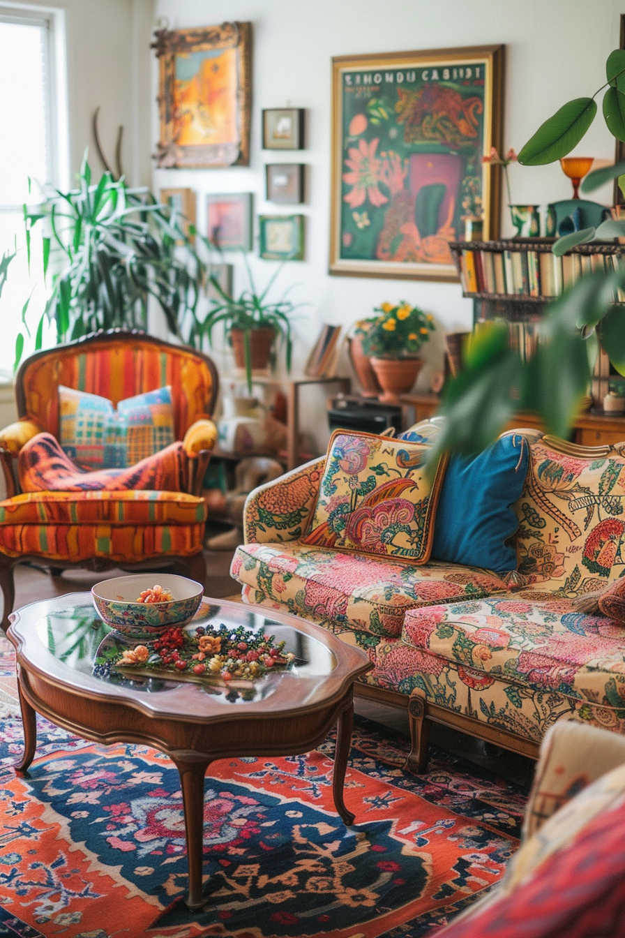 Cozy living room with eclectic decor, colorful patterned furniture, plants, wall art, and a wooden coffee table.