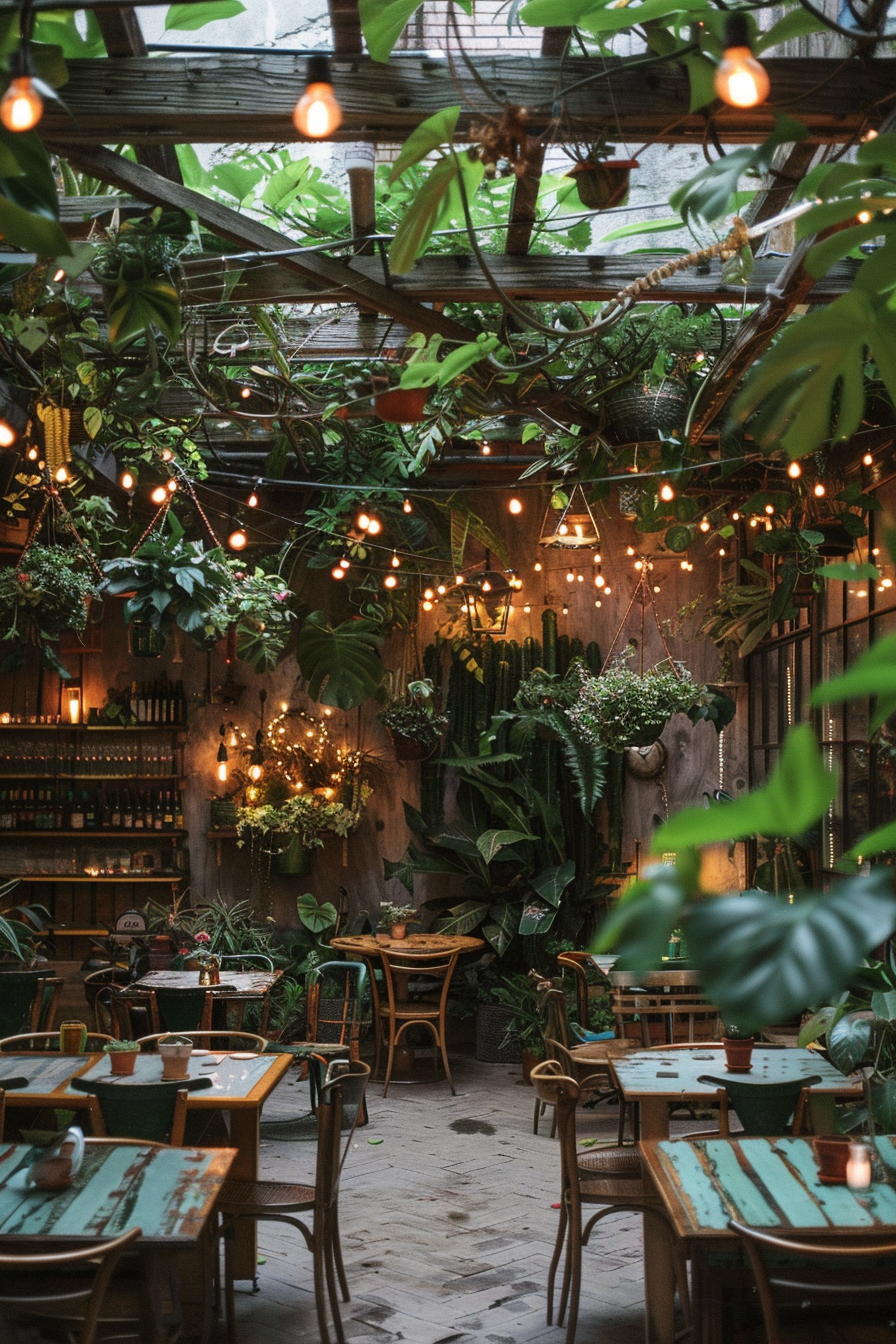 Cozy indoor garden café with hanging lights, green plants, rustic wooden tables, and a serene atmosphere.
