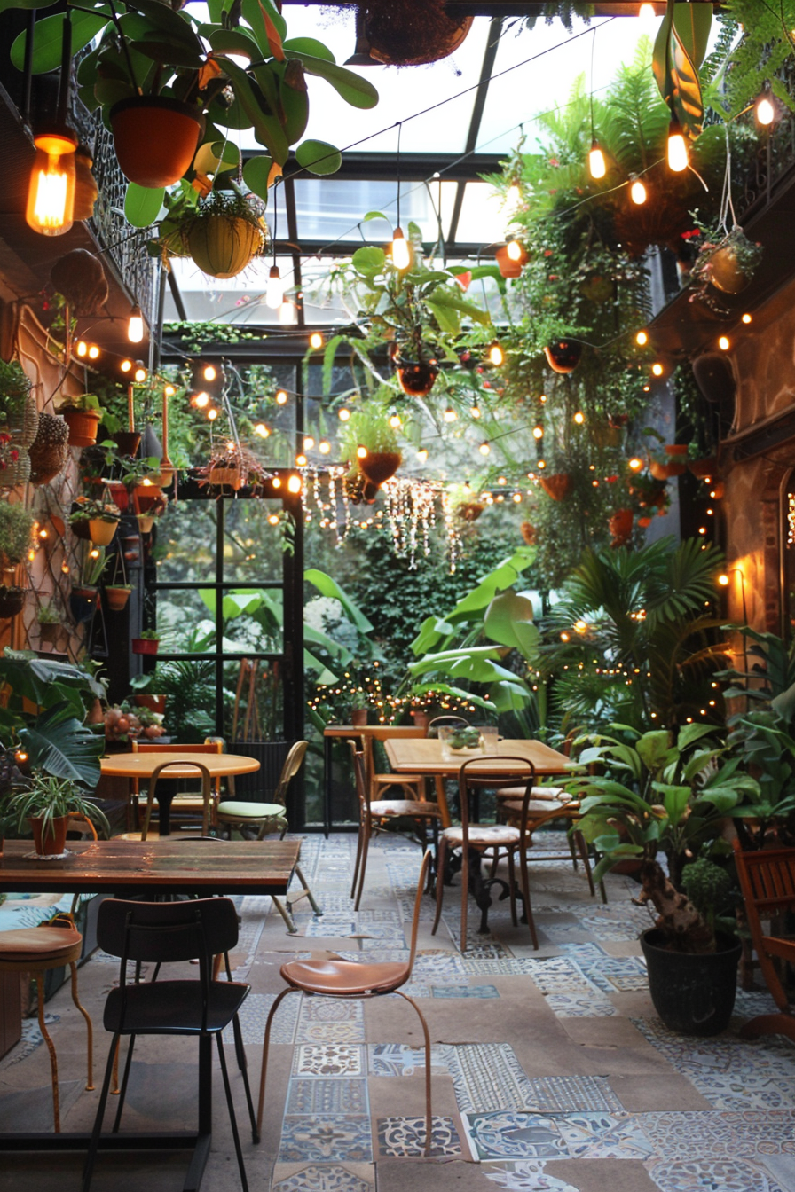 Cozy cafe interior with abundant green plants hanging and potted, patterned floor tiles, fairy lights, and wooden furniture.