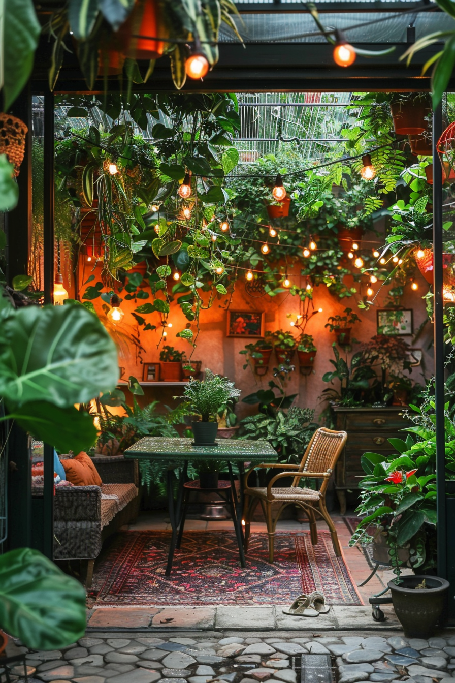 A cozy indoor garden patio with lush plants hanging and potted, string lights, wicker furniture, and patterned rugs.
